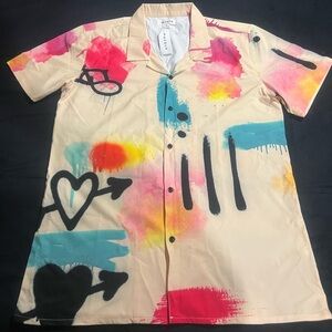 PacSun Beige Button-Up Shirt with Multicolor Spray Paint Graphics